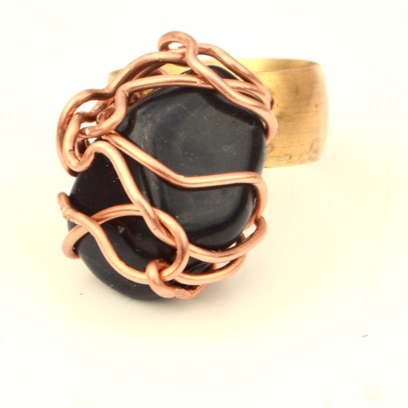 Custom Natural Black Onyx Brass Copper Ring Size - Picture 2 of 4